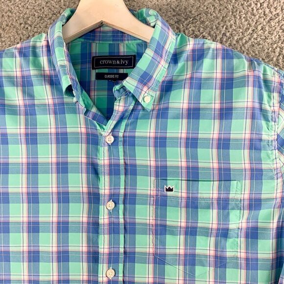 Crown & Ivy Performance Shirt Mens Large Blue Plaid Outdoor Hiking Camping - Picture 2 of 12
